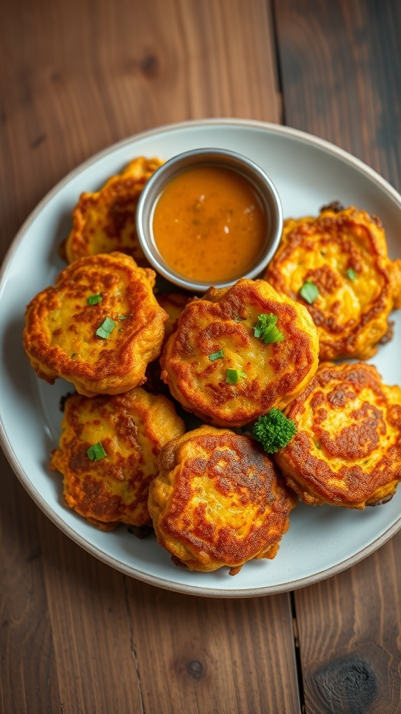 Crispy vegetable fritters served with dipping sauce on a rustic plate.